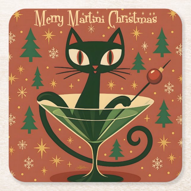 Dessous-de-verre Carré En Papier Mid Century Black Cat Merry Martini Christmas (Devant)
