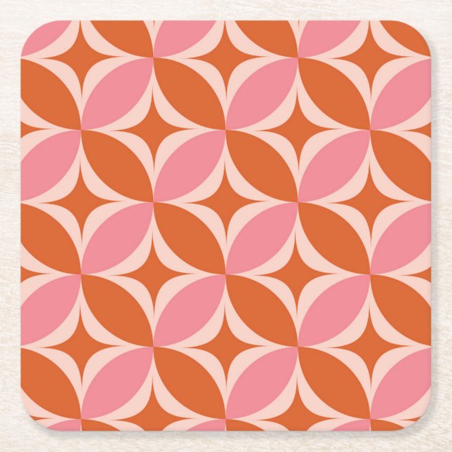 Dessous-de-verre Carré En Papier Mid Century Circle Starburts rose et orange (Devant)
