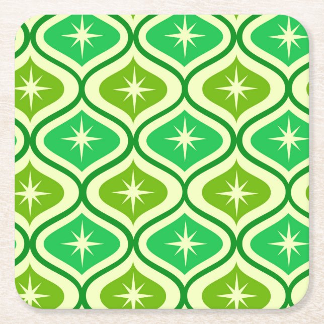 Dessous-de-verre Carré En Papier Mid Century Retro Starbursts On Green Ogee Pattern (Devant)