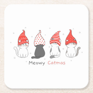 Dessous-de-verre Carré En Papier mignon chat avec gnome casquette pour noël.