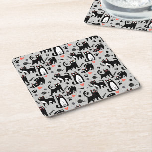 Dessous-de-verre Carré En Papier Mignon motif sans couture de chat noir sur fond gr