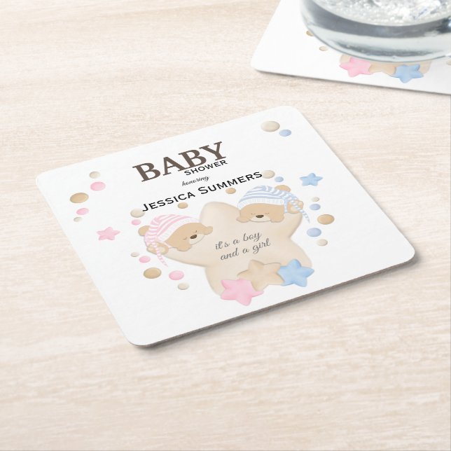 Dessous-de-verre Carré En Papier Mignonne couchage Teddy Bear Twins Baby shower Car (Incliné)