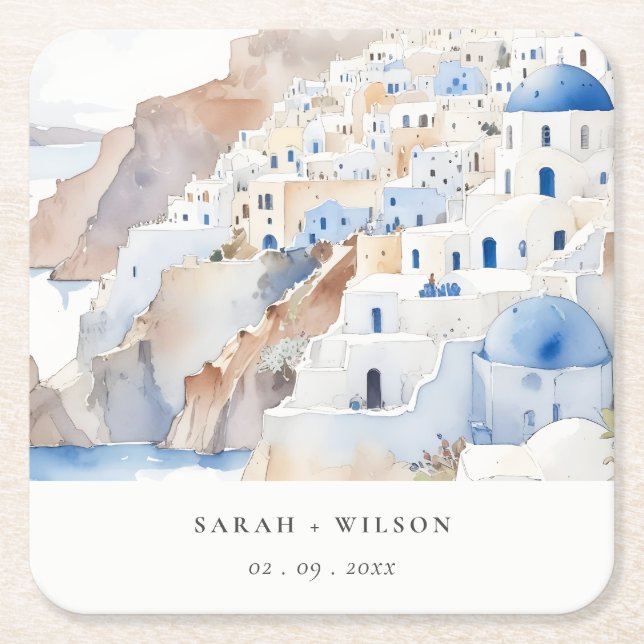 Dessous-de-verre Carré En Papier Minimal chic Santorini Grèce Mariage aquarelle (Devant)