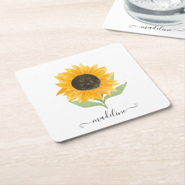 Dessous-de-verre Carré En Papier Minimal Rustic Sunflower Personalized Name Script (Incliné)