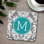 Dessous-de-verre Carré En Papier Modèle gris chic et Damas Turquoise Monogramme per<br><div class="desc">Ajoutez vos monogrammes à ces damas à fleurs tendance et féminines aux couleurs populaires. Le damas a un aspect de tableau noir fantaisiste.</div>