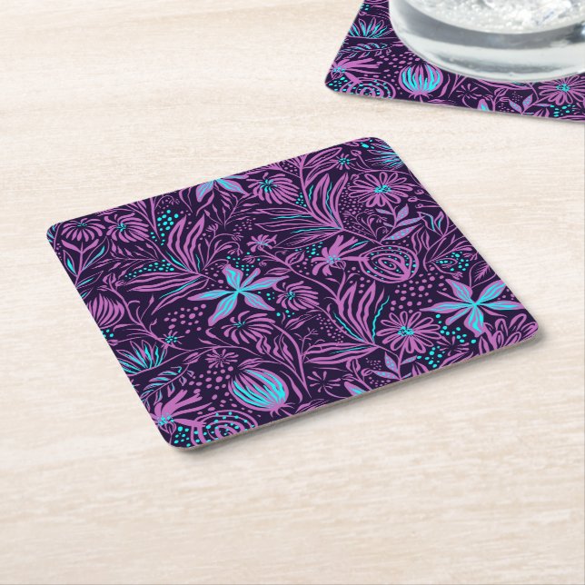 Dessous-de-verre Carré En Papier Modern Neon Purple Floral Pattern (Incliné)