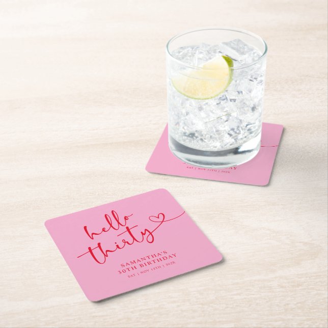 Dessous-de-verre Carré En Papier Modern Pink and Red Hello 30th Birthday (En situation)