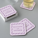 Dessous-de-verre Carré En Papier Modern Purple Wavy Frame Wedding<br><div class="desc">Add a stylish touch to your wedding reception, rehearsal dinner, engagement party, or wedding shower with these Modern Purple Wavy Frame paper coasters. The retro wedding coasters display the couple's names in bold purple lettering surrounded by a purple wavy border contrasting with a light purple background. The trendy wedding coasters...</div>