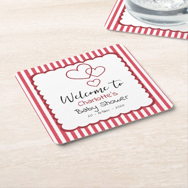 Dessous-de-verre Carré En Papier Modern Red Chalk Stripes Triple Hearts Baby Shower (Incliné)