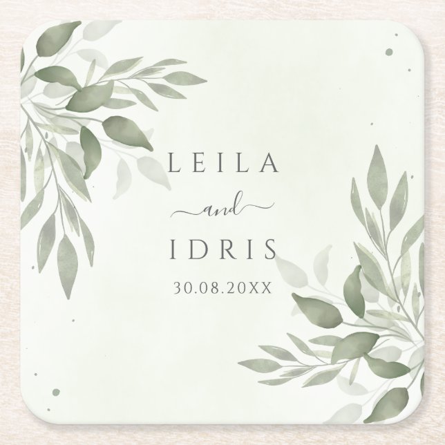 Dessous-de-verre Carré En Papier Modern Sage Greenery Wedding Coasters (Devant)