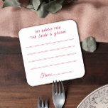 Dessous-de-verre Carré En Papier Mon conseil pour la mariée & mariée fun rouge mari<br><div class="desc">Dessous de verre en papier mariage amusant avec 4 lignes rouges pourpre pour que vos invités écrivent leurs pensées heureuses pour les jeunes mariés sur un arrière - plan blanc ; la légende au-dessus du dessous de verre dit "Mon conseil pour la mariée et le marié" en polices modernes rouge...</div>