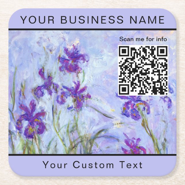 Dessous-de-verre Carré En Papier Monet - Lilac Irises / Iris Mauves - Code QR (Devant)