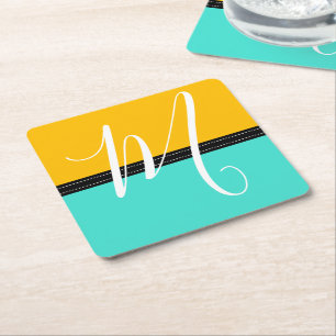 Dessous-de-verre Carré En Papier Monogram Elegant Turquoise & Amber Solid Color