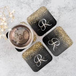 Dessous-de-verre Carré En Papier Monogramme à étincelle noire à Parties scintillant<br><div class="desc">Personnalisez facilement ce dessous de verre carré élégant design élégant avec une jolie parties scintillant dorée brillante sur un arrière - plan métallique brossé noir.</div>