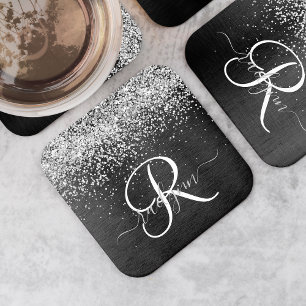 Dessous-de-verre Carré En Papier Monogramme à étincelle noire à Parties scintillant