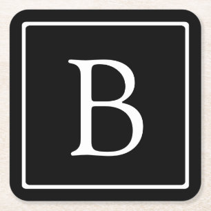 Dessous-de-verre Carré En Papier Monogramme Classique Simple Noir avec Texte Blan