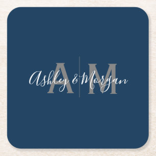 Dessous-de-verre Carré En Papier Monogramme de couple gris et bleu moderne