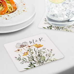 Dessous-de-verre Carré En Papier Monogramme de couple personnalisé Fleur sauvage sé