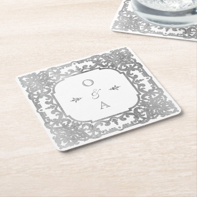 Dessous-de-verre Carré En Papier Monogramme de couple vintage argenté élégant (Incliné)