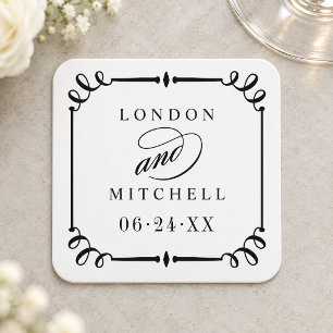 Dessous-de-verre Carré En Papier Monogramme de mariage à cadre noir vintage