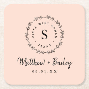 Dessous-de-verre Carré En Papier Monogramme de Mariage de couronne rustique Blush