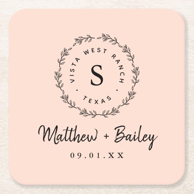 Dessous-de-verre Carré En Papier Monogramme de Mariage de couronne rustique | Blush (Devant)