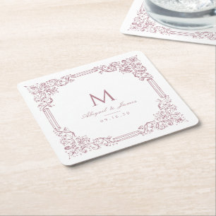 Dessous-de-verre Carré En Papier Monogramme de mariage élégant à cadre Vintage rose