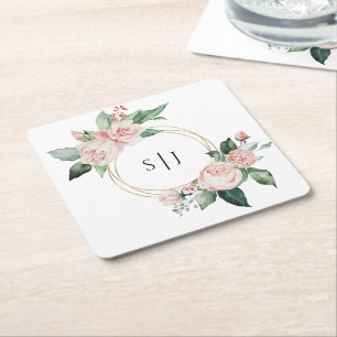 Dessous-de-verre Carré En Papier Monogramme de mariage floral blanc rose
