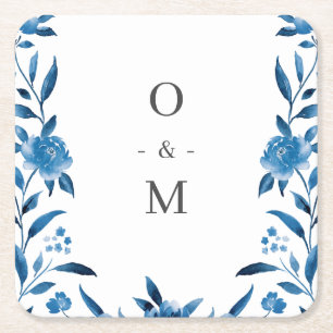 Dessous-de-verre Carré En Papier monogramme de mariage floral bleu et blanc