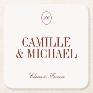 Dessous-de-verre Carré En Papier Monogramme de mariage minimaliste Deep Terracotta