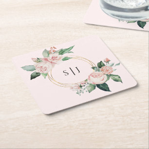 Dessous-de-verre Carré En Papier Monogramme de mariage rose floral rougissant
