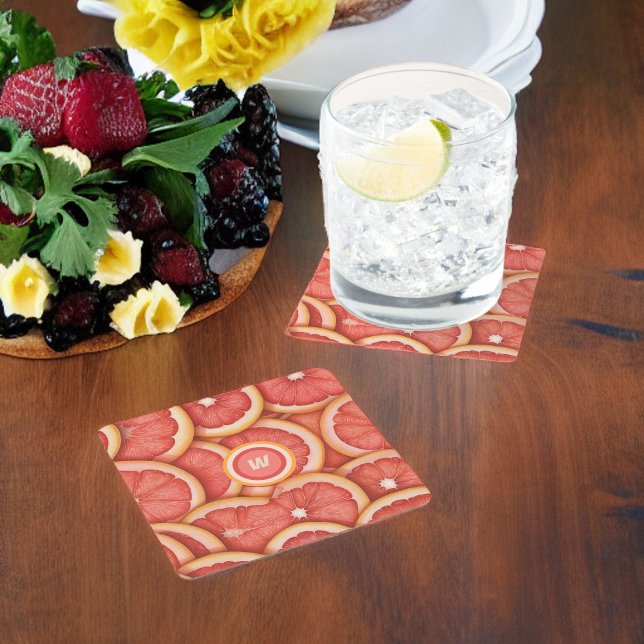 Dessous-de-verre Carré En Papier Monogramme de pamplemousse rose fraîchement récolt (Créateur téléchargé)