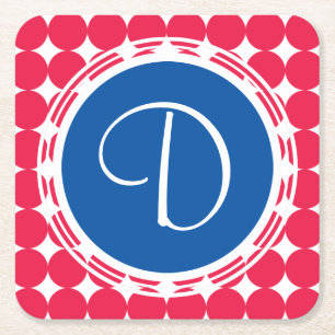 Dessous-de-verre Carré En Papier Monogramme de point Polka bleu et rouge