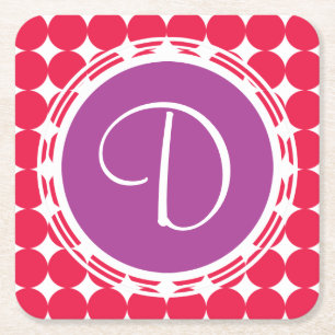 Dessous-de-verre Carré En Papier Monogramme de point Polka violet et rouge