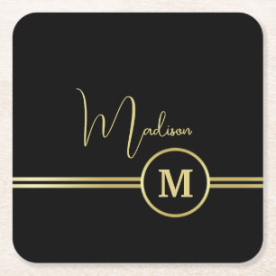 Dessous-de-verre Carré En Papier Monogramme de signature or élégant sur fond noir