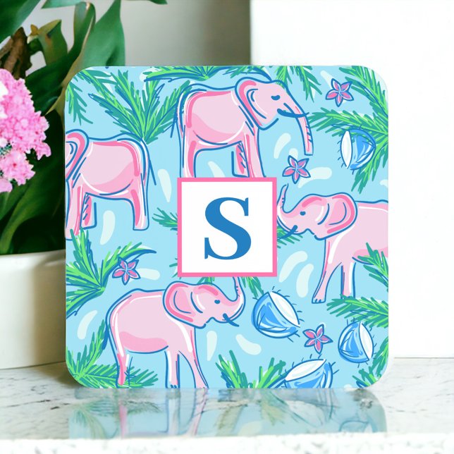 Dessous-de-verre Carré En Papier Monogramme d'éléphant bleu rose pâle (Créateur téléchargé)