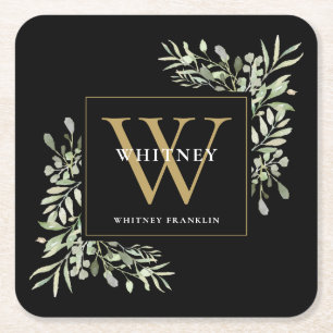 Dessous-de-verre Carré En Papier Monogramme d'or noir Élégant vert moderne