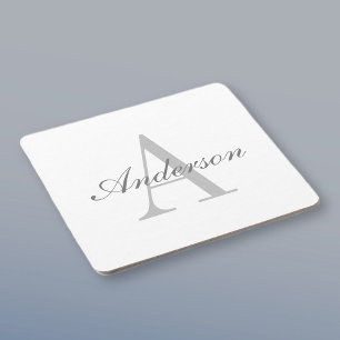 Dessous-de-verre Carré En Papier Monogramme élégant blanc et gris