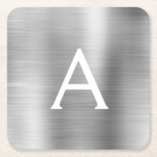 Dessous-de-verre Carré En Papier Monogramme en argent brossé de luxe Nom initial