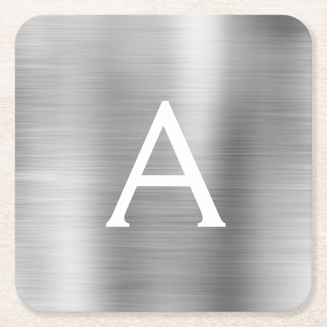 Dessous-de-verre Carré En Papier Monogramme en argent brossé de luxe Nom initial (Devant)