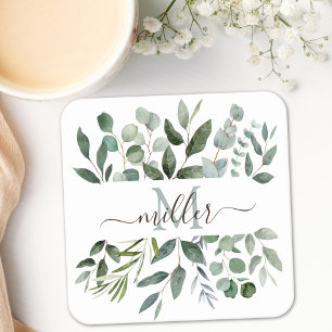 Dessous-de-verre Carré En Papier Monogramme feuilles de verdure d'eucalyptus vert s