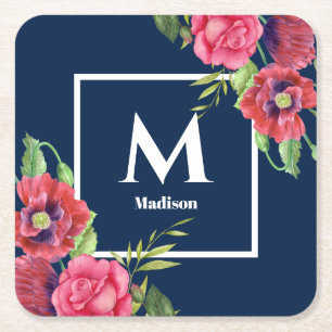 Dessous-de-verre Carré En Papier Monogramme Fleurs Rouges et Roses Bleu Marine Fonc