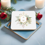 Dessous-de-verre Carré En Papier Monogramme floral de Noël tout simplement élégant<br><div class="desc">Ce charmant dessous de verre botanique d'hiver comprend des bouquets de roses et de fleurs d'ivoire,  des baies rouges,  des flocons de neige en sapin et en or entourant un élégant étiquette d'or pour votre monogramme sur un arrière - plan gris perle pâle. Inclut les champs de texte modifiables.</div>