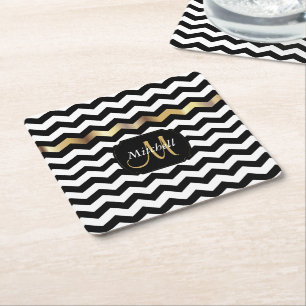 Dessous-de-verre Carré En Papier Monogramme Gold, blanc et noir Chevron