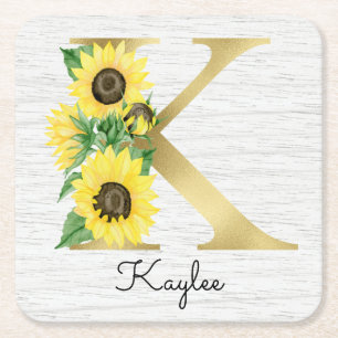 Dessous-de-verre Carré En Papier Monogramme Gold Sunflower Girl Floral Initial K