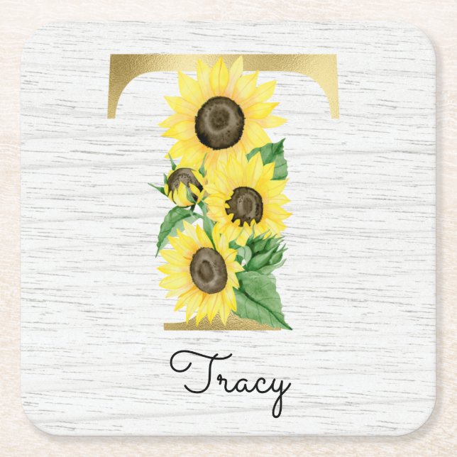 Dessous-de-verre Carré En Papier Monogramme Gold Sunflower Girl Floral Initial T (Devant)