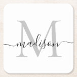 Dessous-de-verre Carré En Papier Monogramme gris moderne personnalisé Nom du script<br><div class="desc">Élégant moderne personnalisé argent gris noir Monogramme Nom du script Dessous de verre papier initial</div>