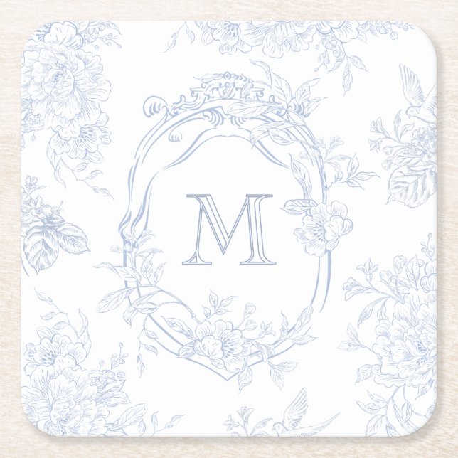 Dessous-de-verre Carré En Papier Monogramme initial Floral Toile bleu Mariage (Devant)