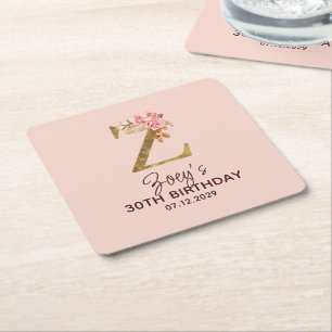 Dessous-de-verre Carré En Papier Monogramme Lettre Z Or Roses Rose Pâle