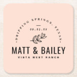 Dessous-de-verre Carré En Papier Monogramme Mariage de fleurs modernes | Blush<br><div class="desc">Personnalisez le modèle avec les noms de la mariée et du marié ou les initiales monographiques. Ajoutez votre date de mariage, le nom de la ville, de l'état ou du lieu ou tout autre texte personnalisé. Ce design rustique moderne de style logotype possède une tige florale simple et une typographie...</div>
